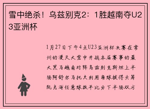 雪中绝杀！乌兹别克2：1胜越南夺U23亚洲杯